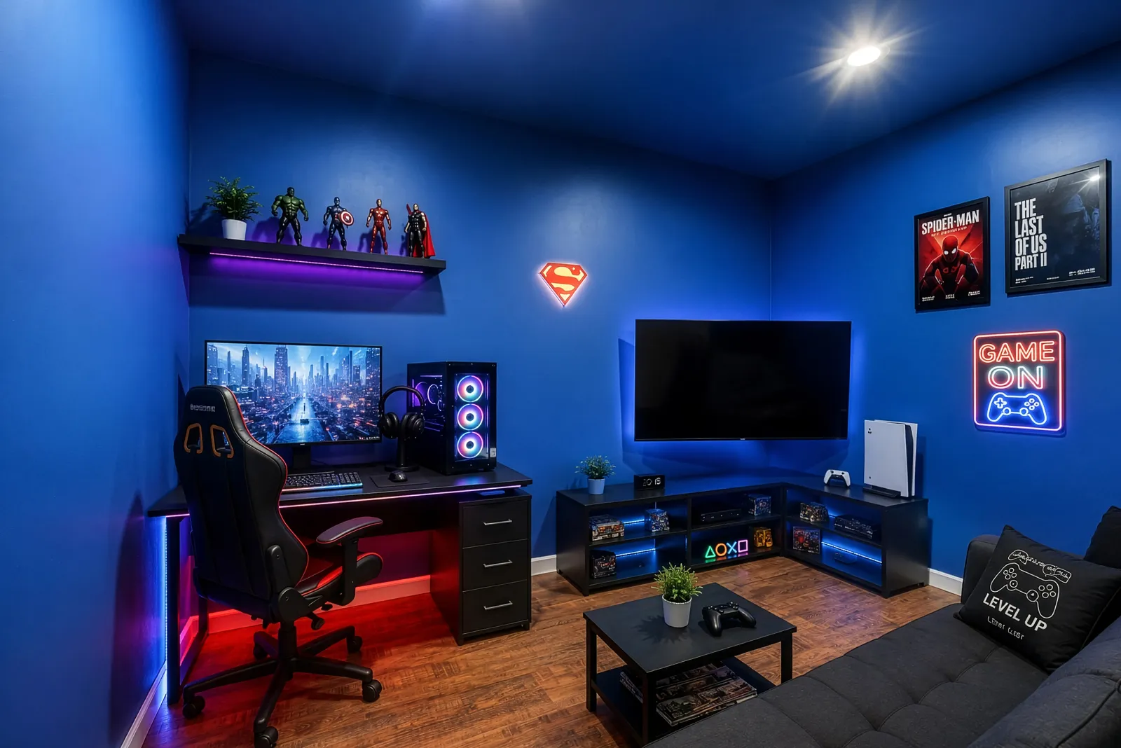 The same blue bonus room virtually staged as a game room with a gaming desk, wall-mounted TV, sectional, and neon signs