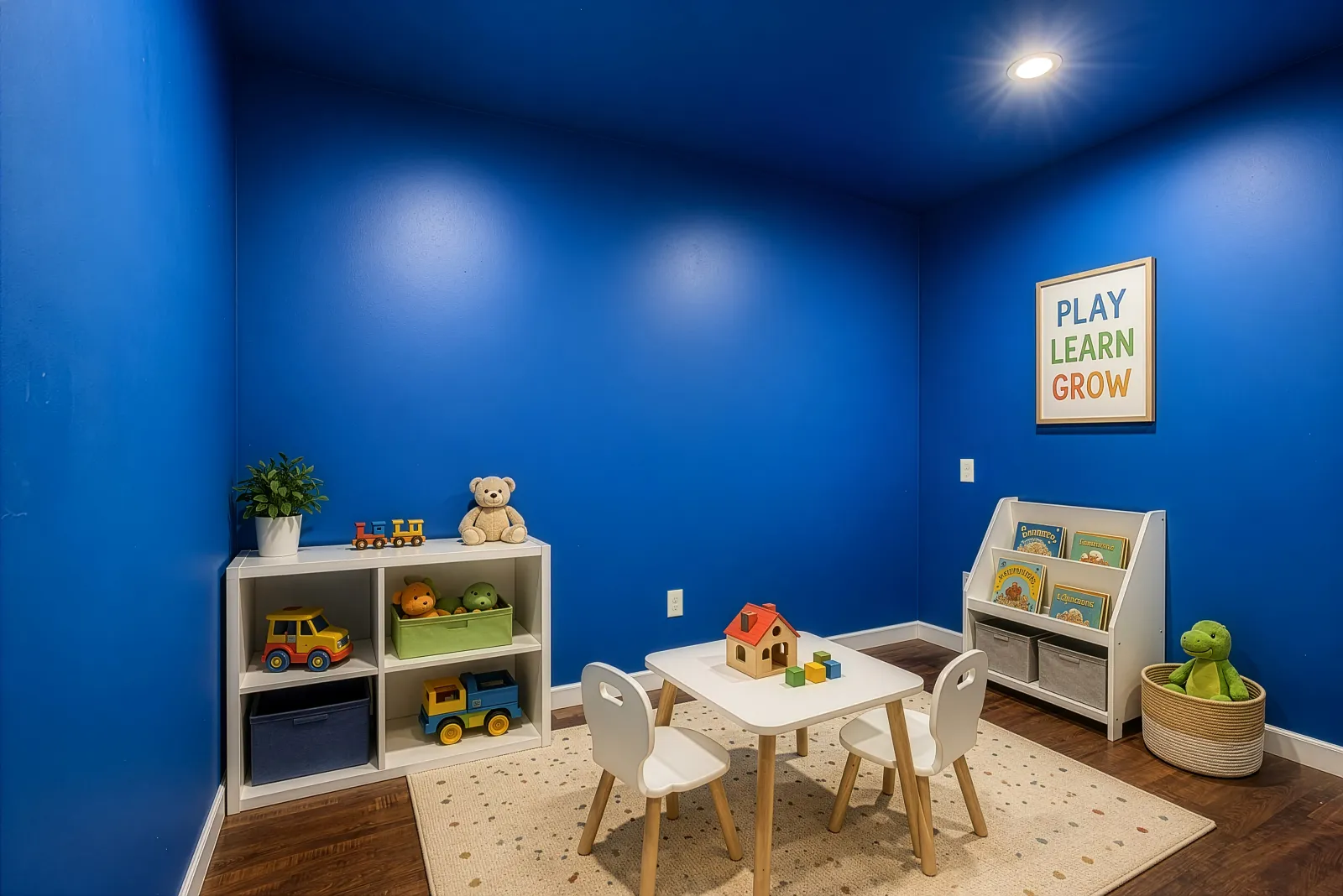 The same blue bonus room virtually staged as a playroom with a child-size table, toy shelves, a bookcase, and a cream rug